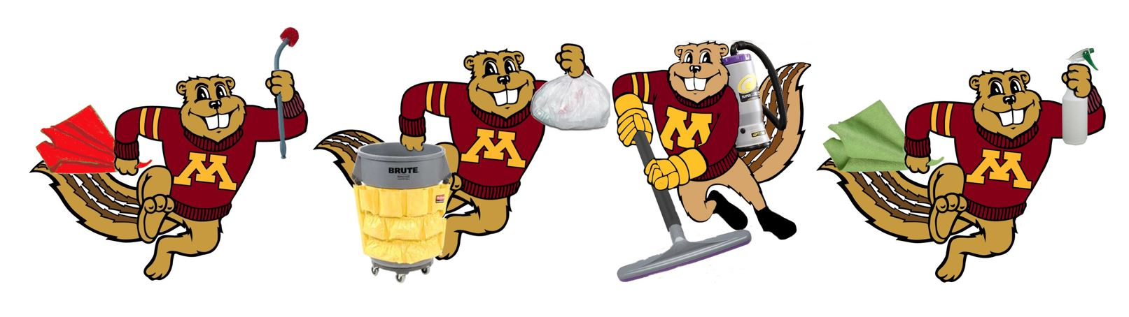 Four images of Goldy with cleaning tools