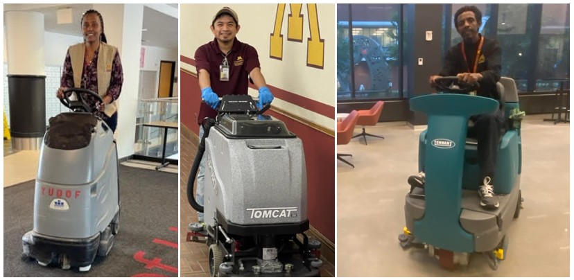 3 pics of staff using autoscrubbers