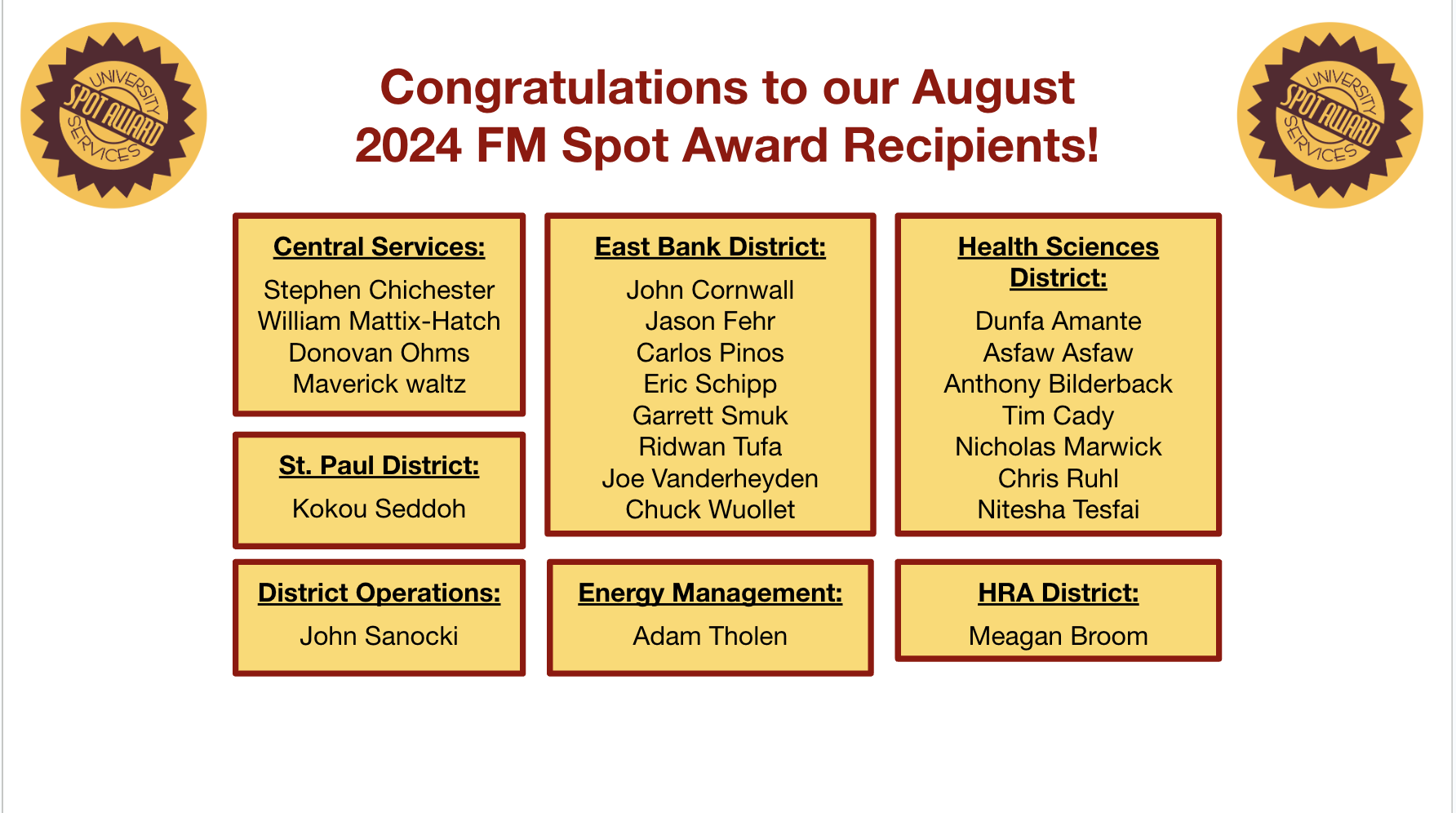 August 2024 Spot Award Recipients